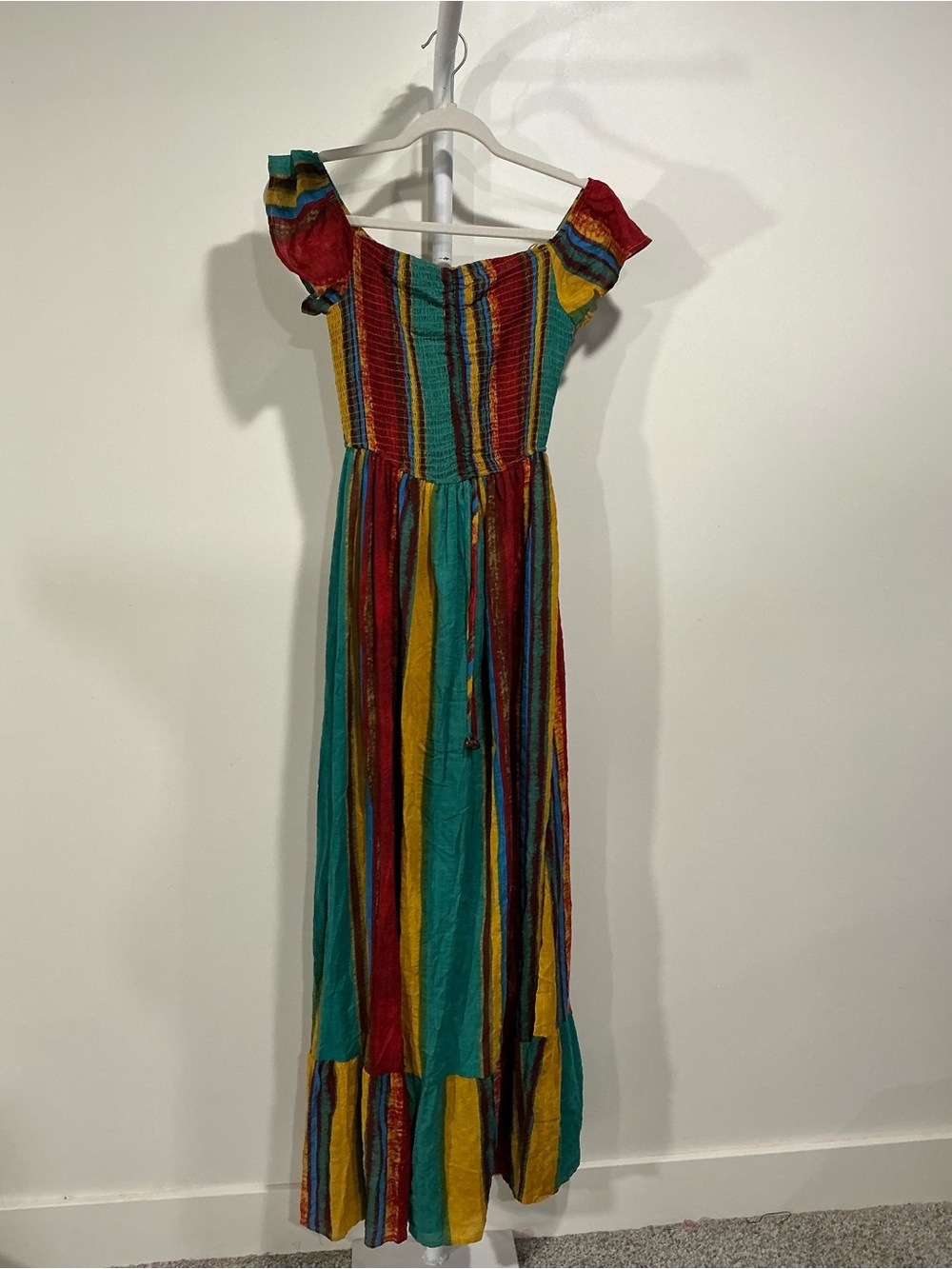 Off-Shoulder Multicolor Stripe Maxi Dress - Teal/Red/Yellow